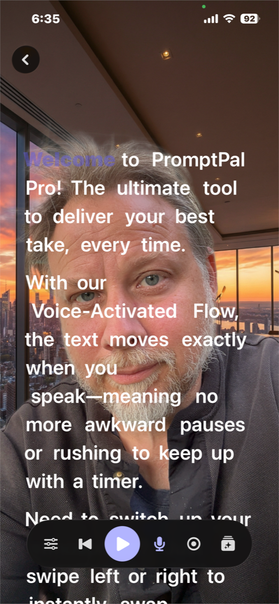 PromptPal Pro on iPhone showing the voice-following teleprompter in action